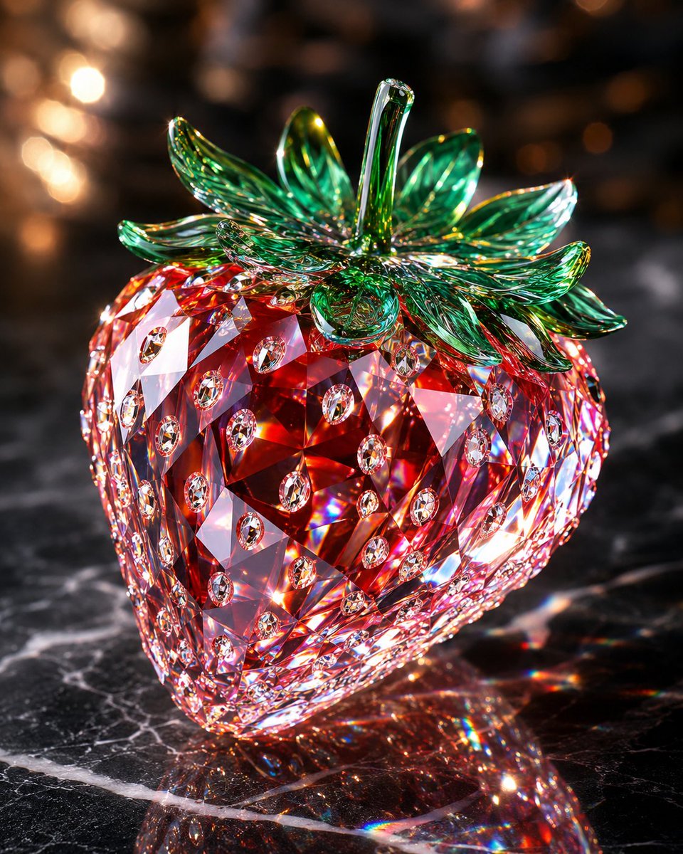 A breathtaking crystal strawberry sculpted entirely from flawless transparent crystal g...