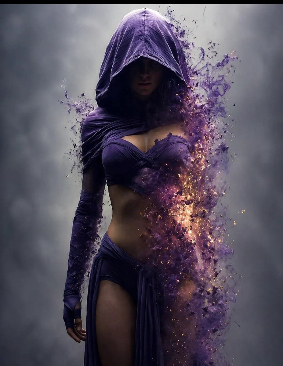 "A mysterious hooded female figure standing in a dark, minimal background, wearing a de...