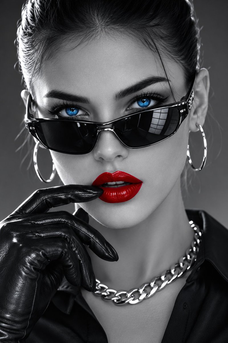 A scene featuring the woman Face: serious focused expression, lips slightly open. Hair:...