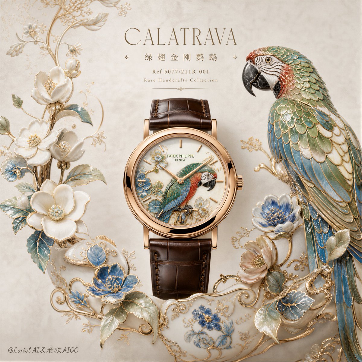 Create a luxurious vertical campaign poster for Patek Philippe Calatrava Ref.5077/211R-...