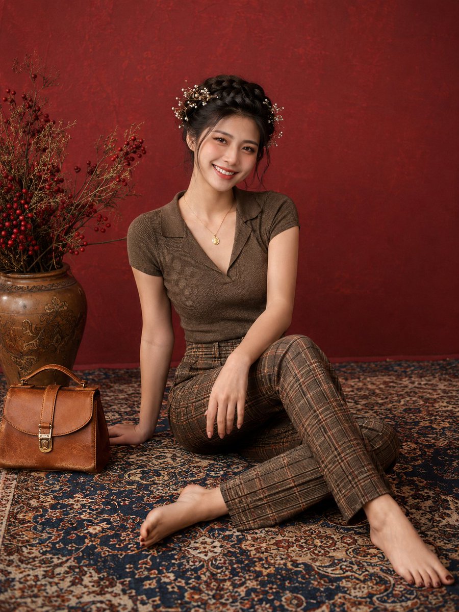 Elegant studio fashion portrait of a young woman with a warm, genuine smile, seated com...