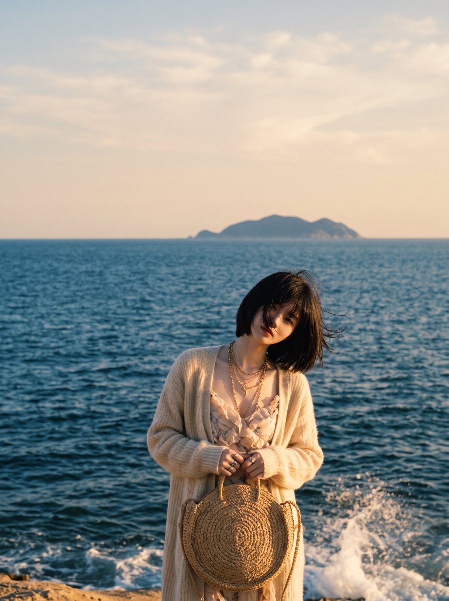 Aesthetic lifestyle portrait of young East Asian woman with short black bob haircut wit...