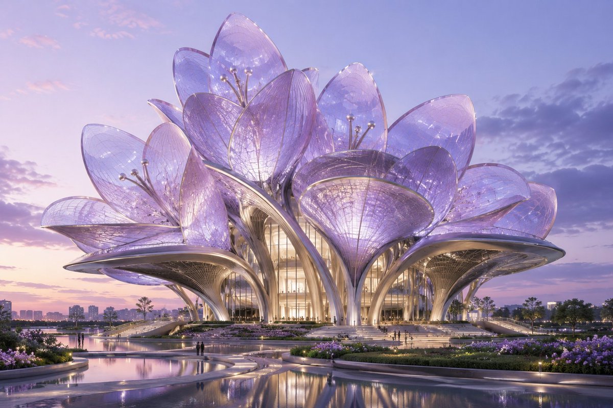 为【花的种类】设计一座以花朵为原型的世界级现代地标建筑。建筑必须准确保留【花的种类】最具辨识度的花瓣轮廓、层叠关系、花心结构、花蕊形态、花萼、叶片与枝茎姿态,让人第一眼就能识...
