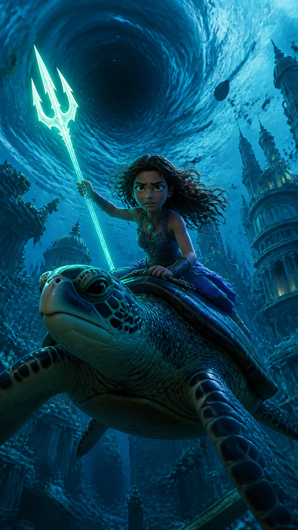 A teenage girl rides a giant sea turtle through an underw...