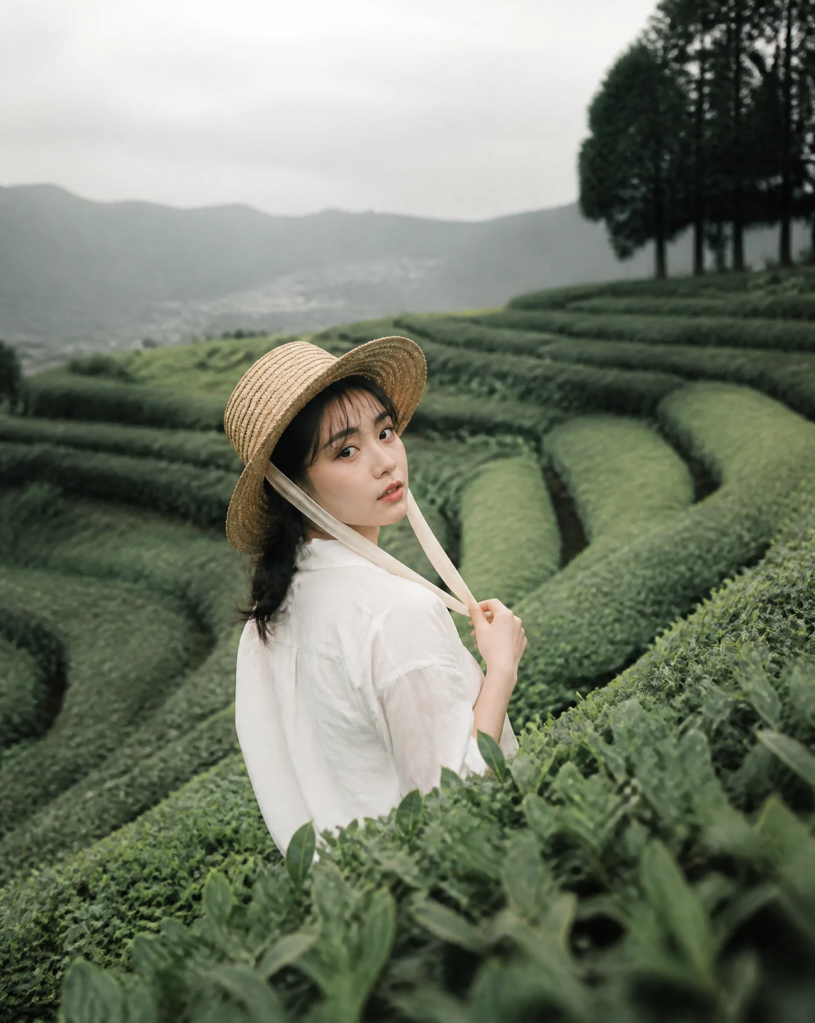 Vertical portrait of a young japanese woman walking throu...