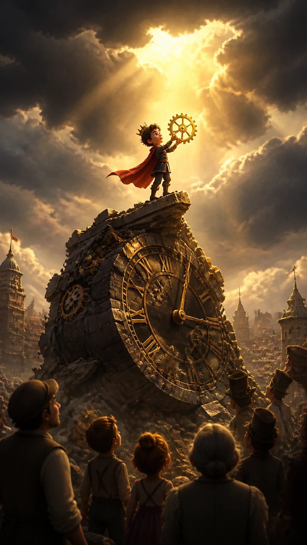 A small prince stands on top of a collapsed giant clockto...