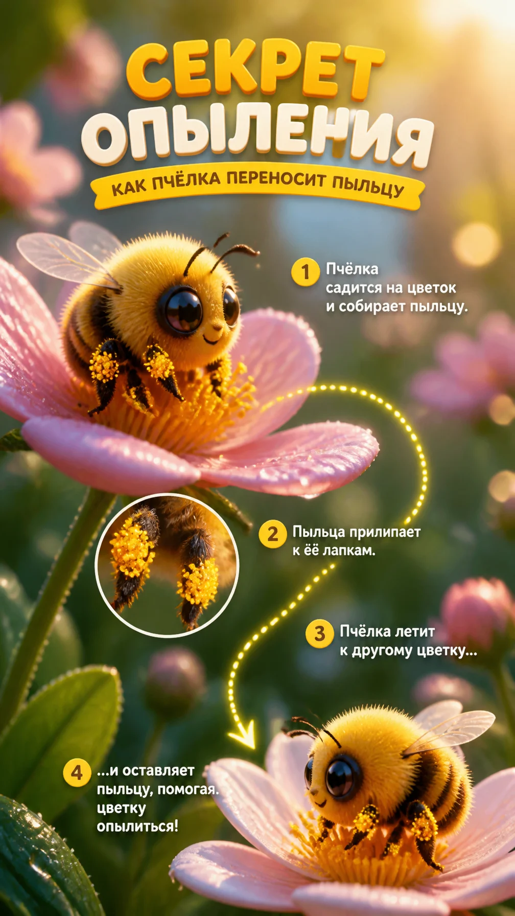 Секрет опыления (Пчела и цветок)Промпт: Инфографика о том...