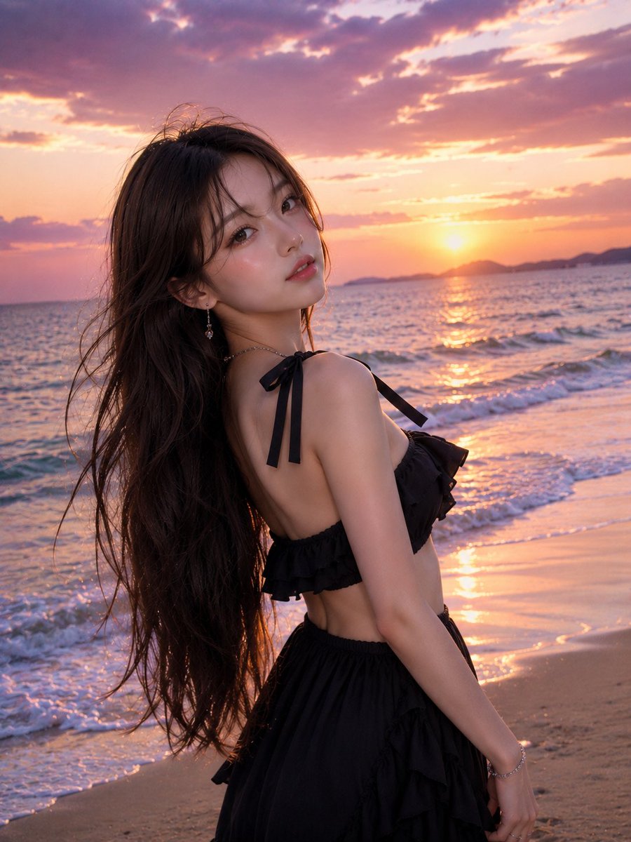 Ultra-realistic beach sunset portrait of a beautiful young woman with long silky dark b...