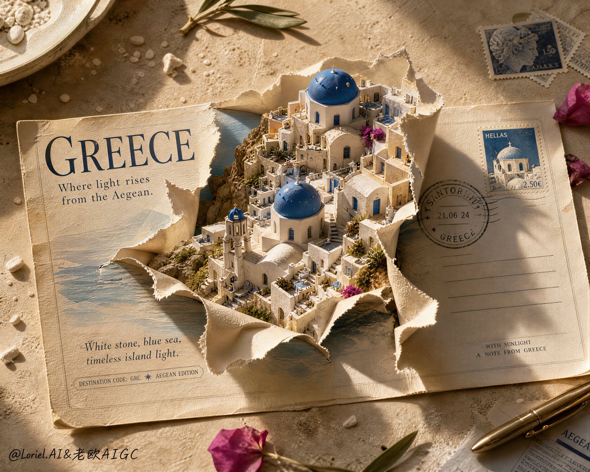 Create an ultra-premium tourism advertising poster for GREECE, built as a hyper-real ta...