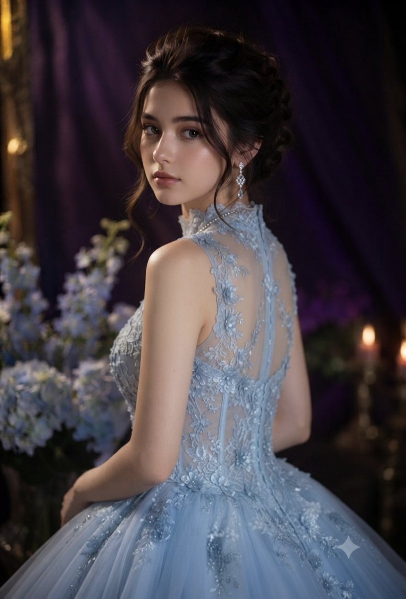 A high-quality, cinematic portrait of a beautiful young woman captured in a series of e...