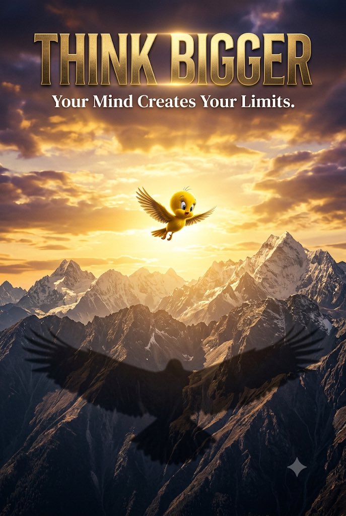 A premium cinematic motivational poster featuring a tiny yellow bird cartoon inspired b...