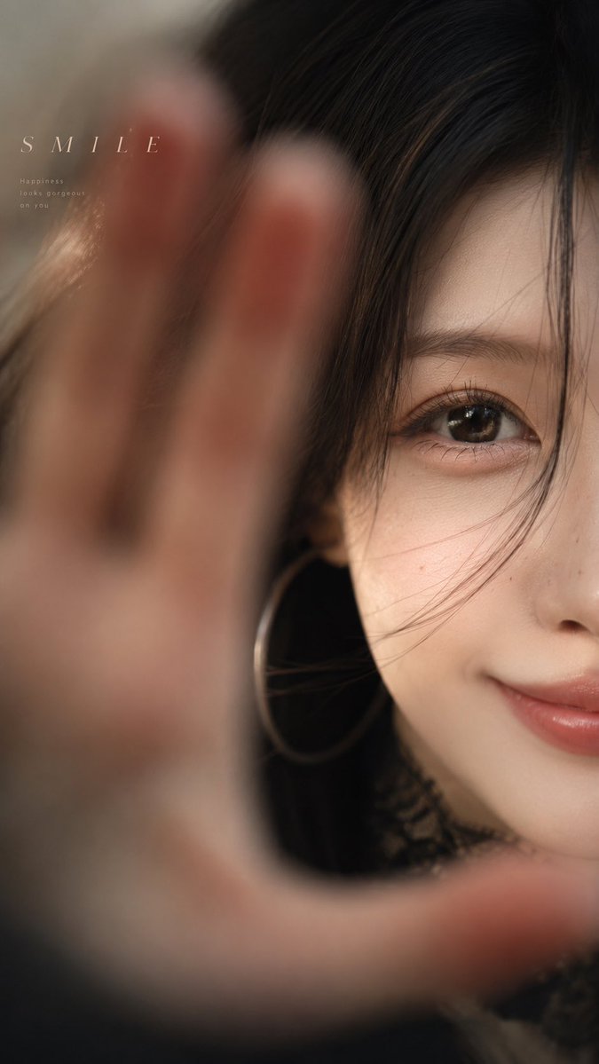 以上传图片为参考，手掌贴近镜头形成的前景虚化、单眼特写、拍摄角度、动作姿势、光影、景深与情绪氛围。