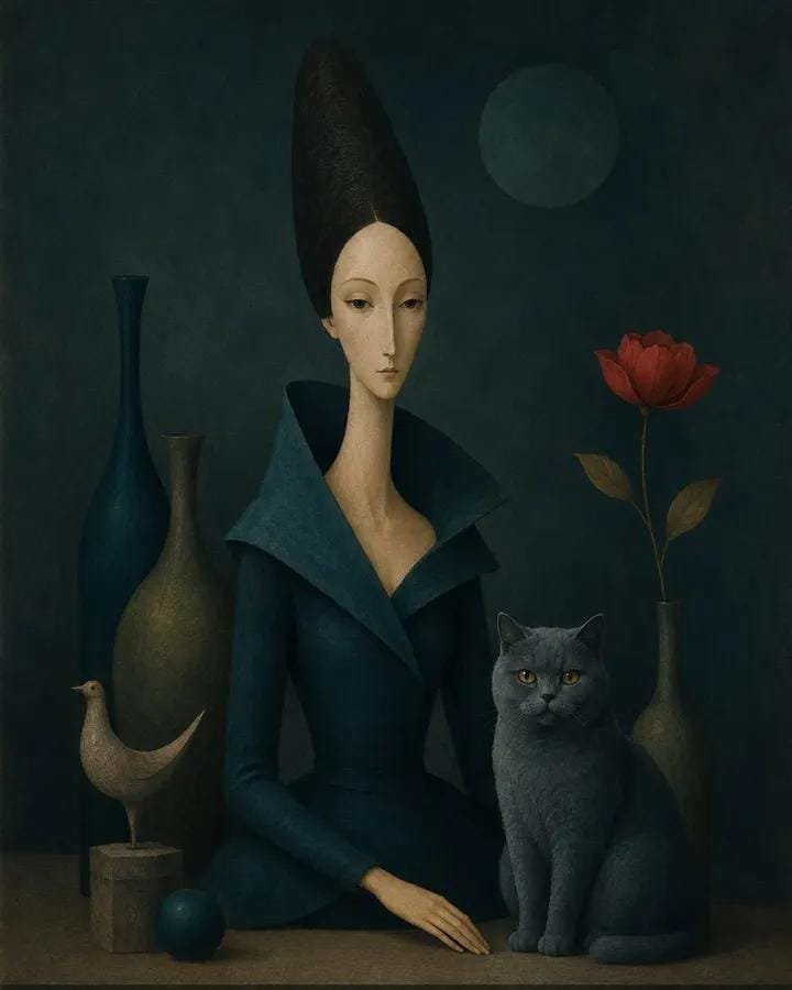 Surreal poetic illustration of [HUMAN] wearing [CLOTHING], accompanied by [ANIMAL], set...