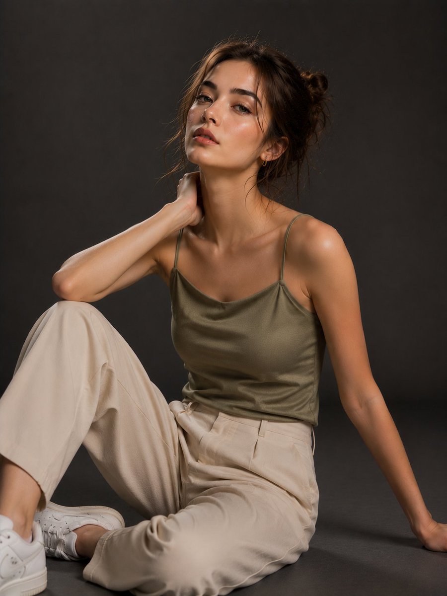 Ultra-photorealistic editorial fashion portrait in a minimalist photography studio with...