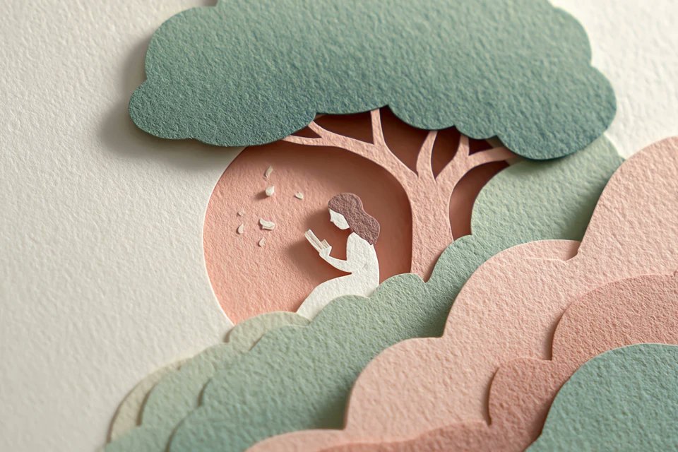 Layered paper-cut illustration of [subject], built with overlapping shapes in soft [col...