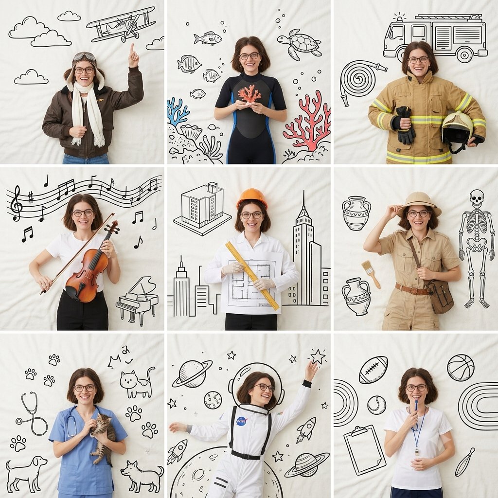 A professional 3×3 collage featuring the same beautiful young woman photographed from t...