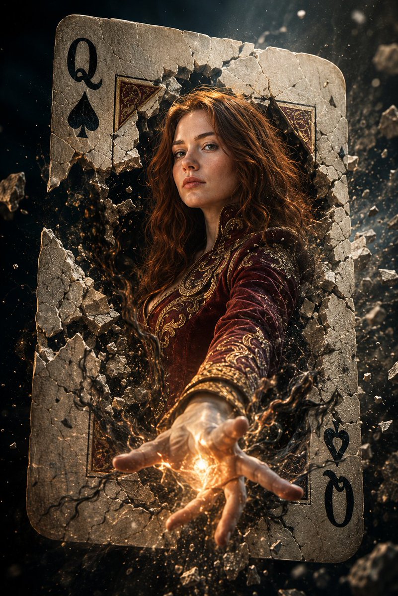 A mystical sorceress dramatically emerging through a colossal ancient Queen of Spades p...