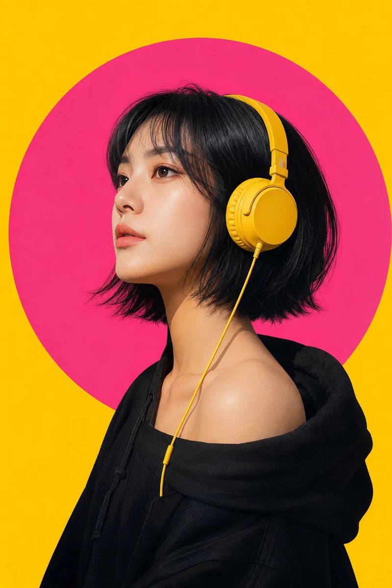 Create an ultra-detailed modern pop-art portrait of a confident East Asian woman in a c...