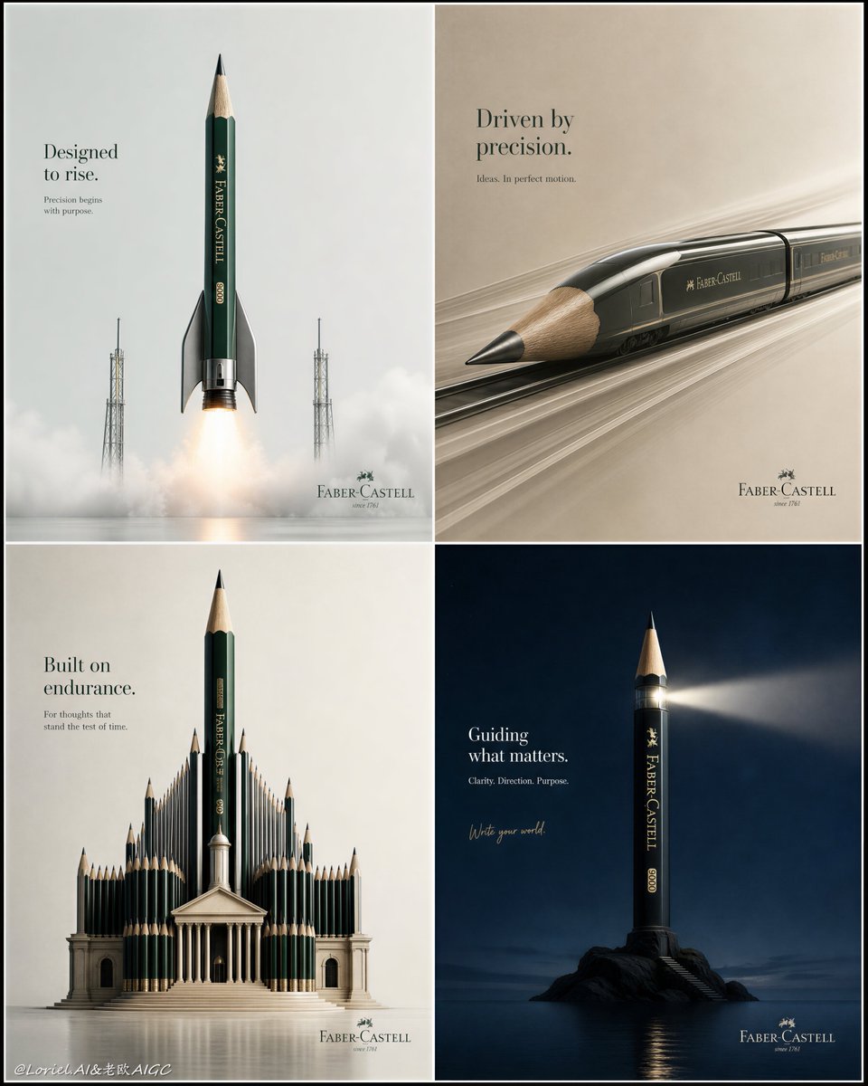 Create an ultra-premium vertical 4-panel campaign board for Faber-Castell pencils, desi...