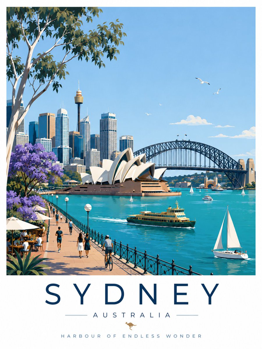 Create an ultra-premium, stop-scrolling editorial travel poster of Sydney, Australia th...