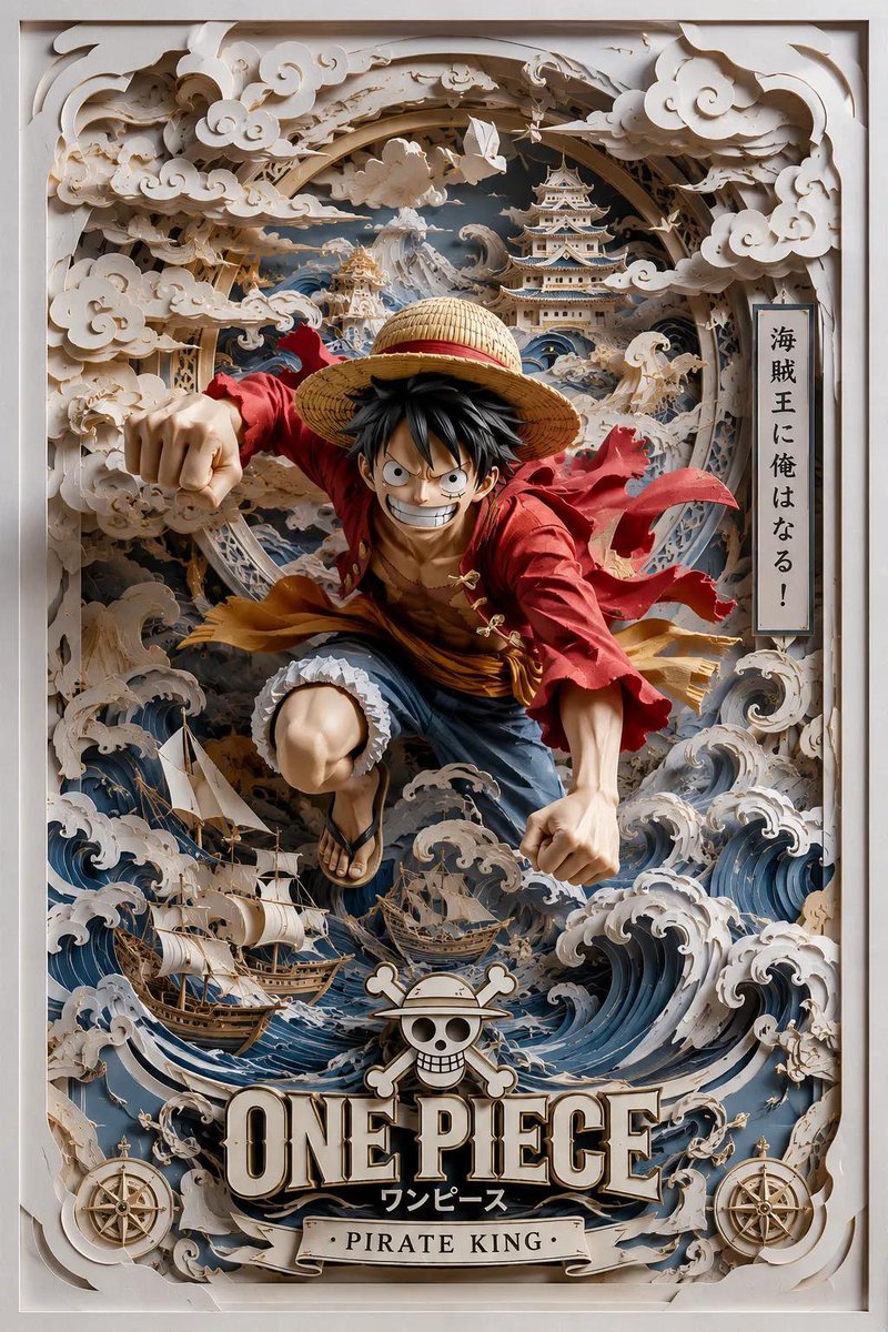 Create an ultra-detailed 3D papercraft shadow box poster inspired by a legendary anime...