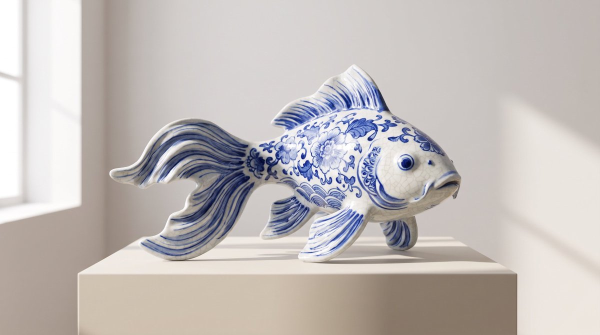 A porcelain [subject] with delicate blue floral patterns, glossy ceramic glaze, intrica...
