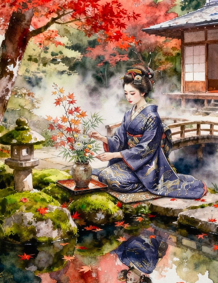 A graceful Japanese woman in a traditional kimono kneels gracefully by a serene garden...