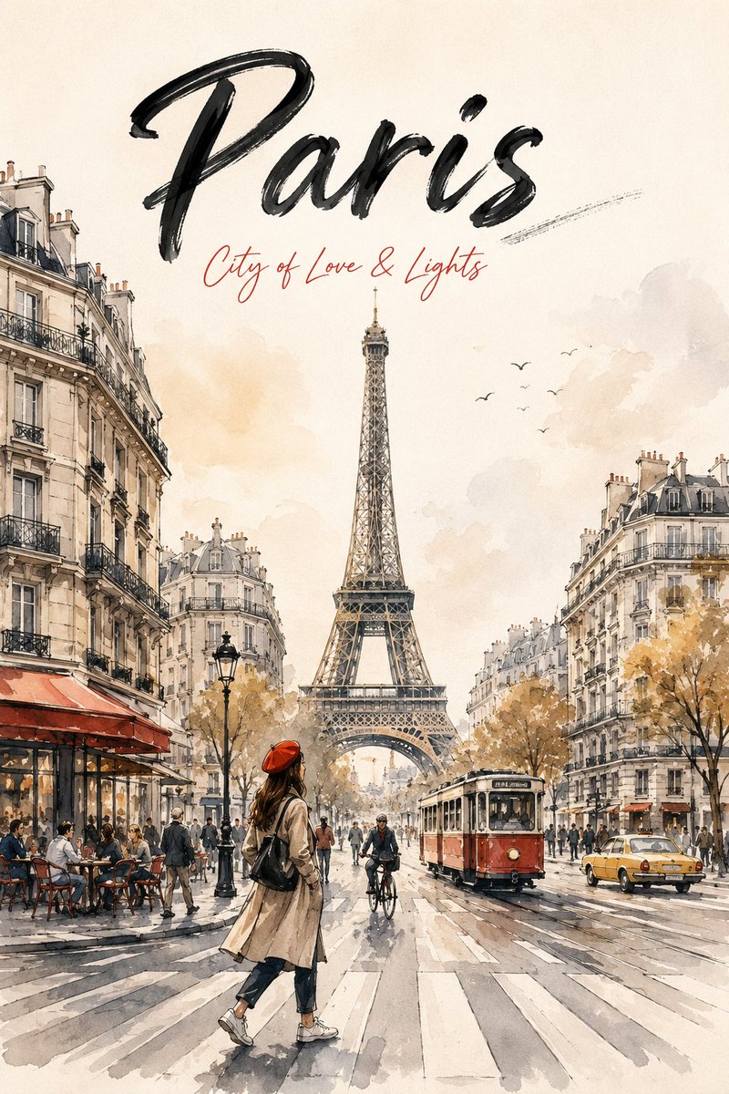 Create a premium watercolor travel poster for {{CITY_NAME}} in a modern urban sketch st...
