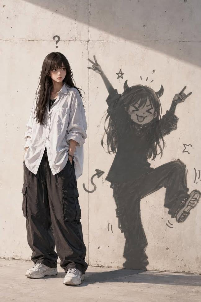 A mischievous doodle shadow mimics the character with exaggerated funny poses while she...