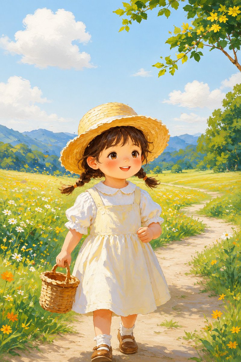 A whimsical, ultra-detailed 3D animated fantasy scene featuring a cute little girl wear...