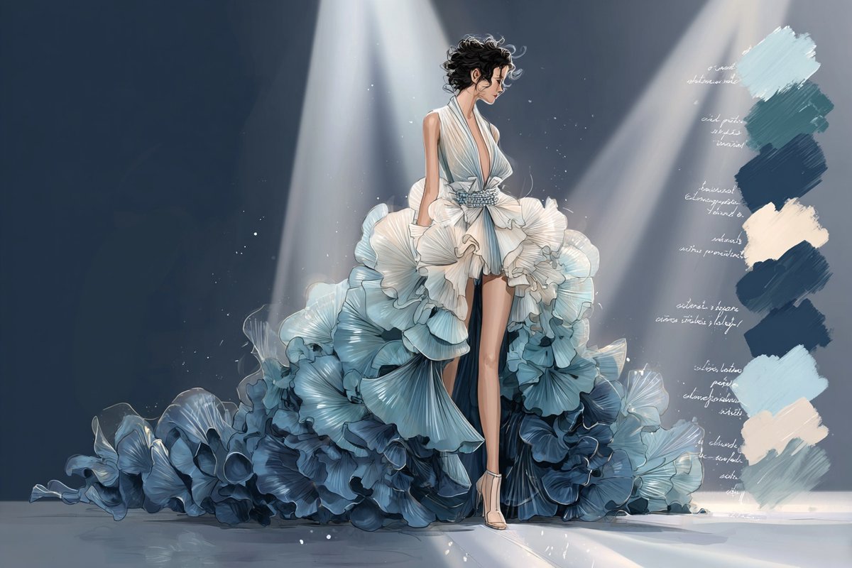 A fashion runway illustration featuring a [subject]-inspired outfit, with high-fashion...