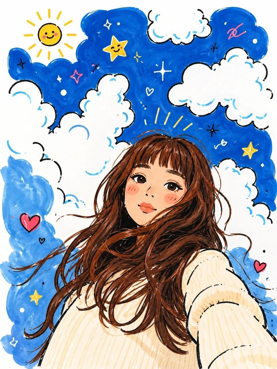 Dreamy low-angle selfie portrait of a young woman with long flowing chestnut-brown hair...