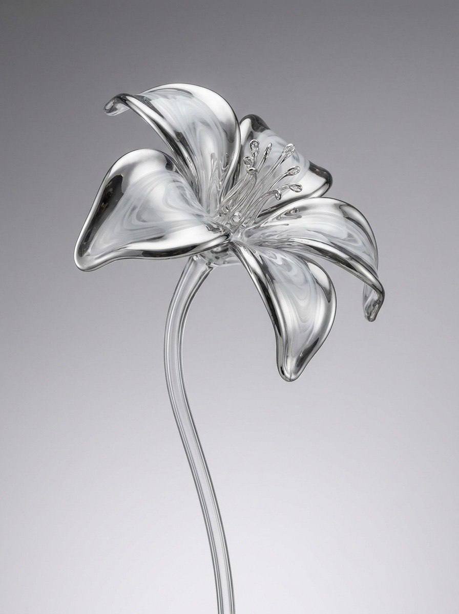 A crystal glass [FLOWER] sculpture with [PETALS], slight three-quarter angle view, asym...