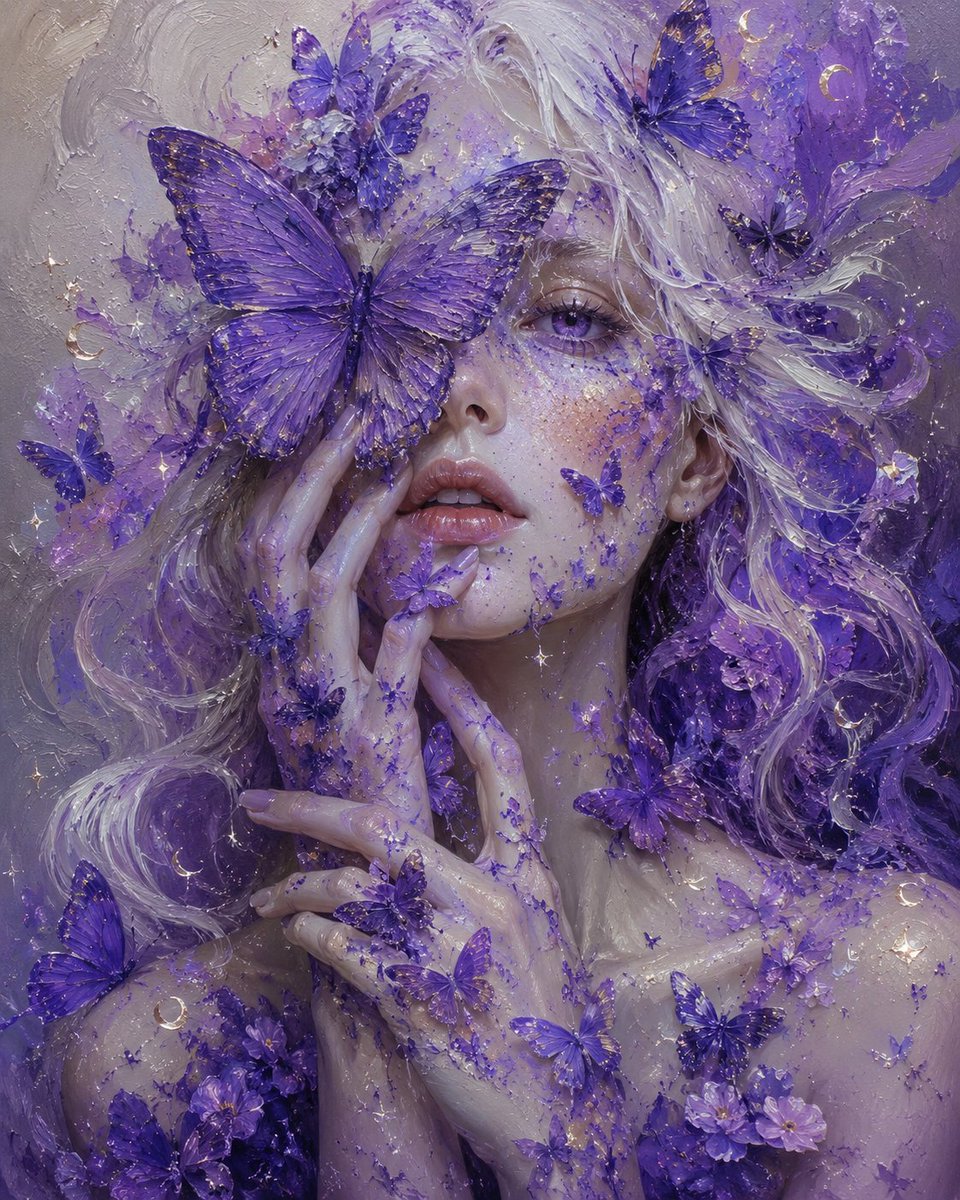 Create a contemporary surreal fine art oil painting titled "Violet Dreams."