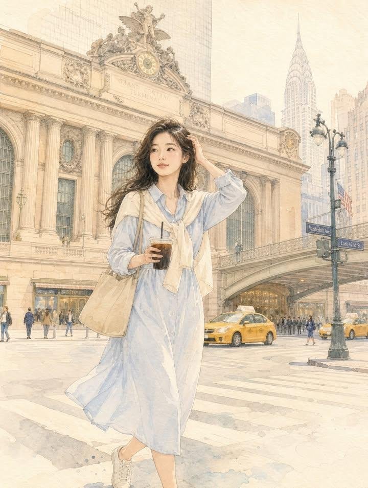 A dreamy hand-drawn watercolor illustration of a beautiful young East Asian woman strol...