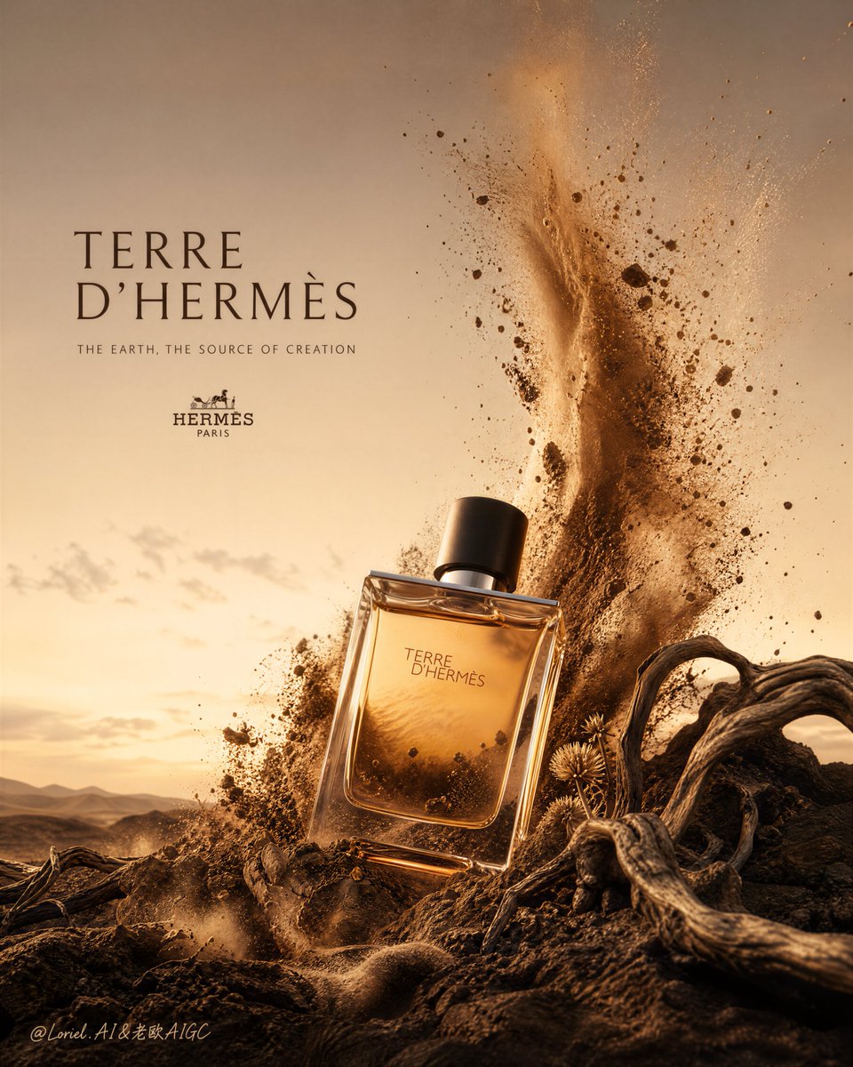 Create an ultra-premium fragrance advertising poster for Terre d'Hermès, built around o...