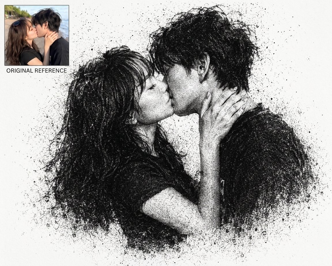 Transform the image into an ultra-high-contrast monochrome dust-particle artwork.