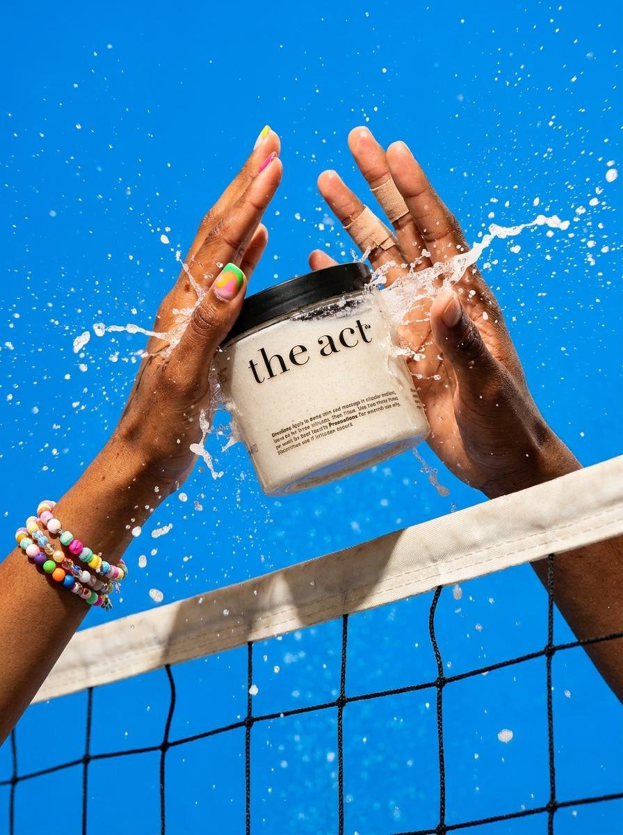 Dynamic playful product photography of [product from uploaded photo] frozen mid-air ove...