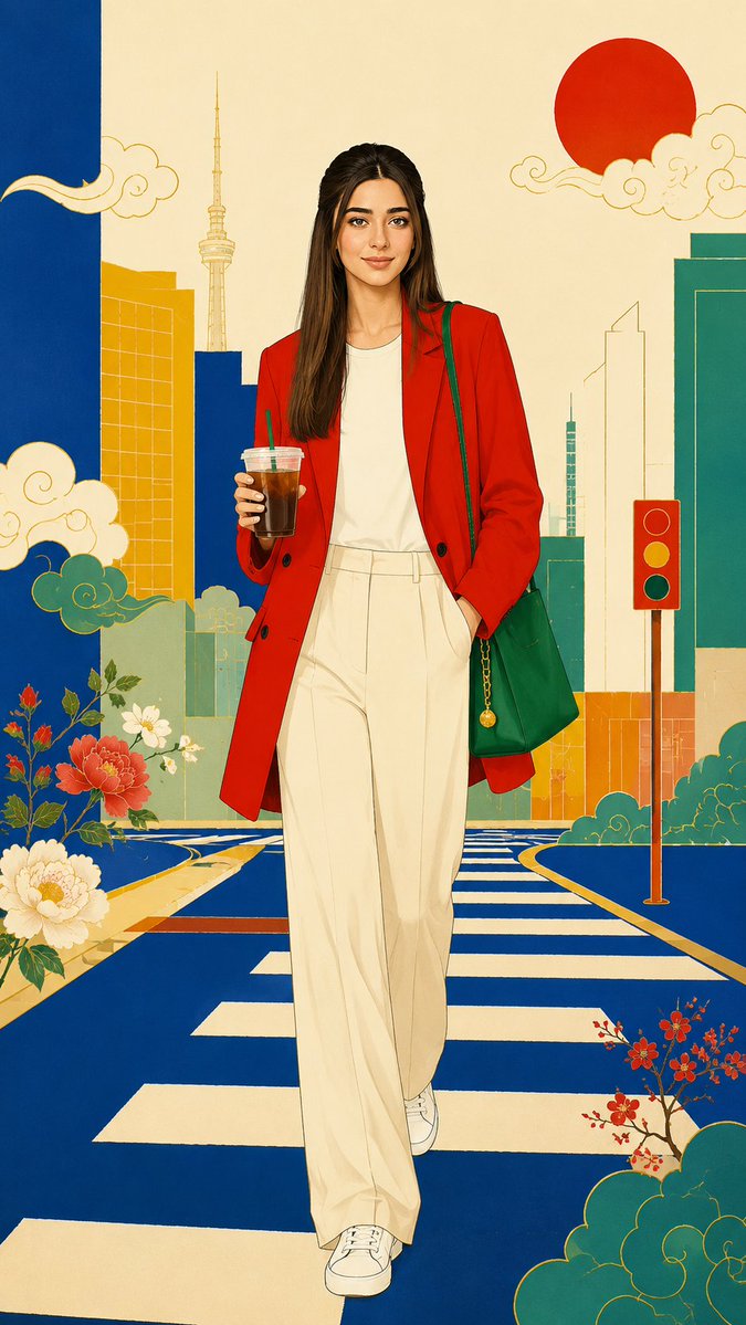 Transform the portrait into a modern East Asian editorial illustration inspired by eleg...
