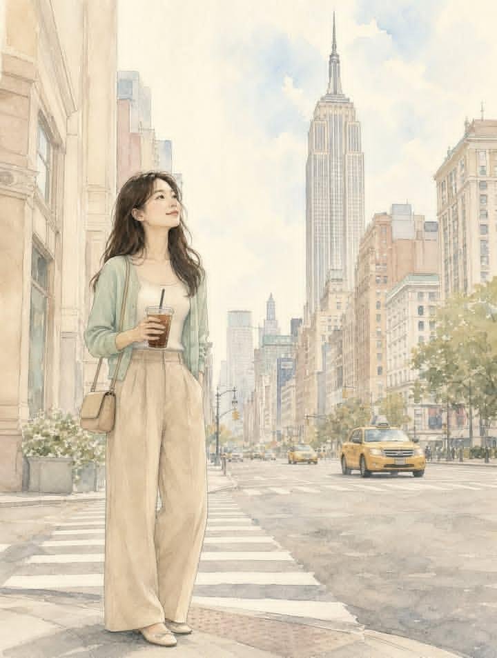A dreamy watercolor-style illustration of [SUBJECT] walking through [LOCATION], looking...