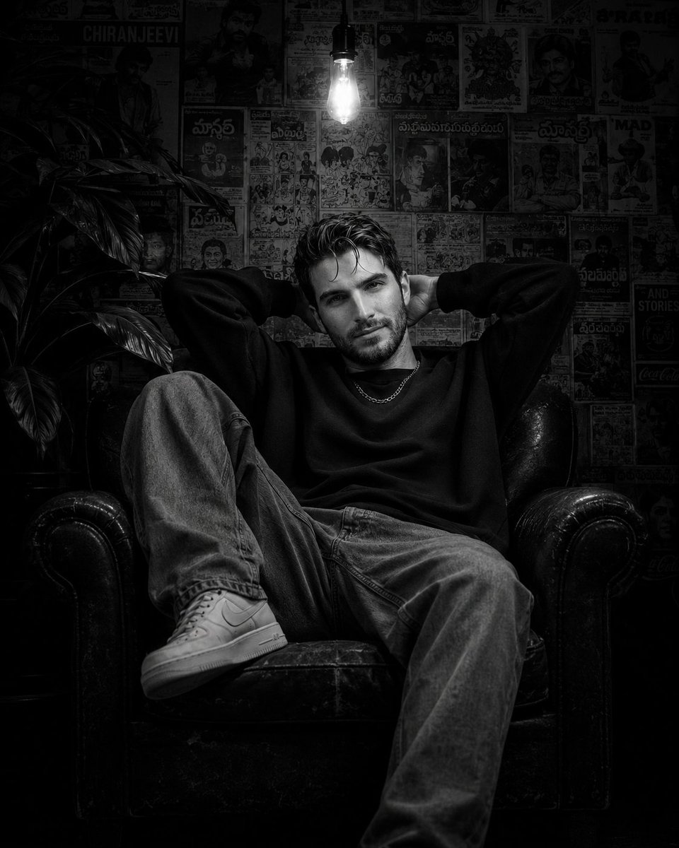 A cinematic black-and-white recording studio portrait of a young South Indian male arti...