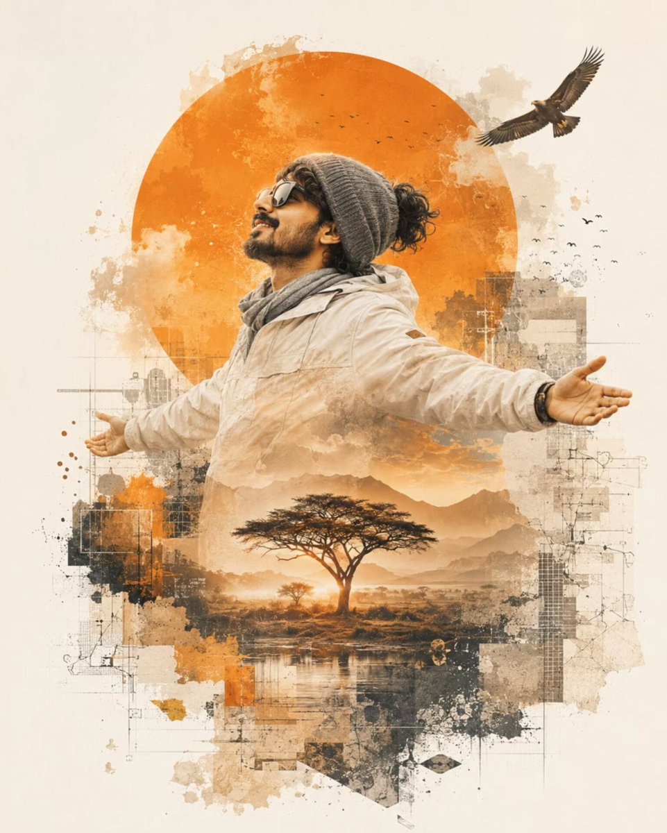 A premium contemporary mixed-media editorial collage portrait of a young traveler stand...