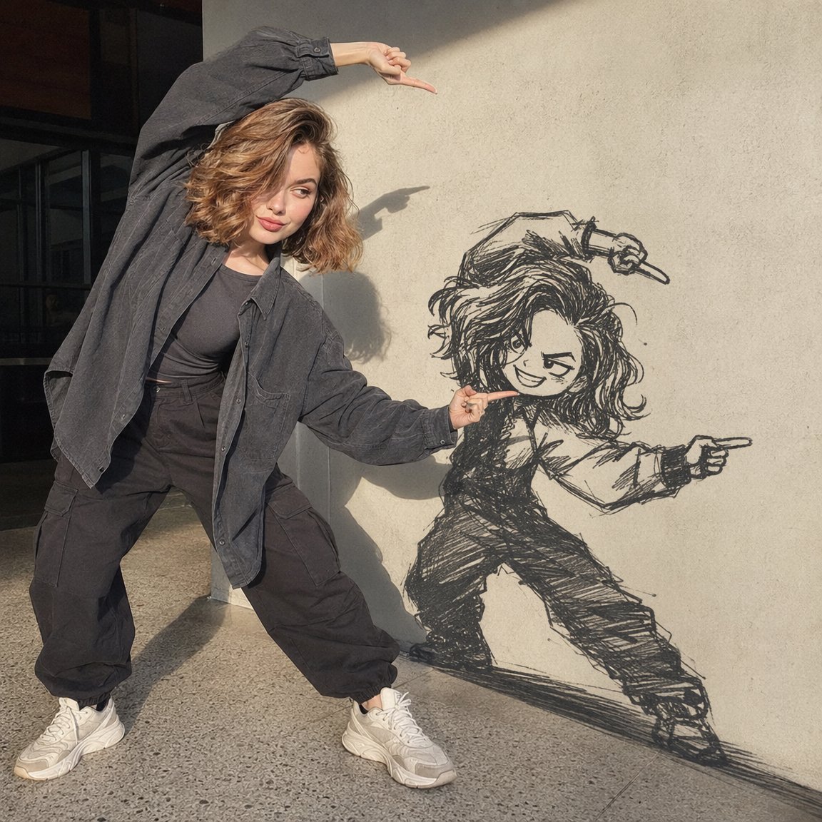 A full-body, photorealistic portrait of a stylish young woman posing dramatically besid...