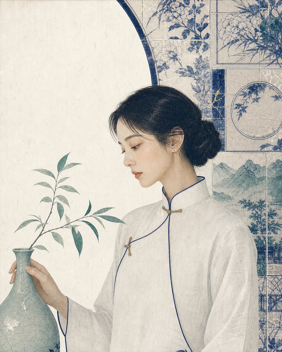 🌿一枝青绿植物、一只青瓷花器，和一面蓝白瓷屏，把人物变成一幅安静的东方肖像。