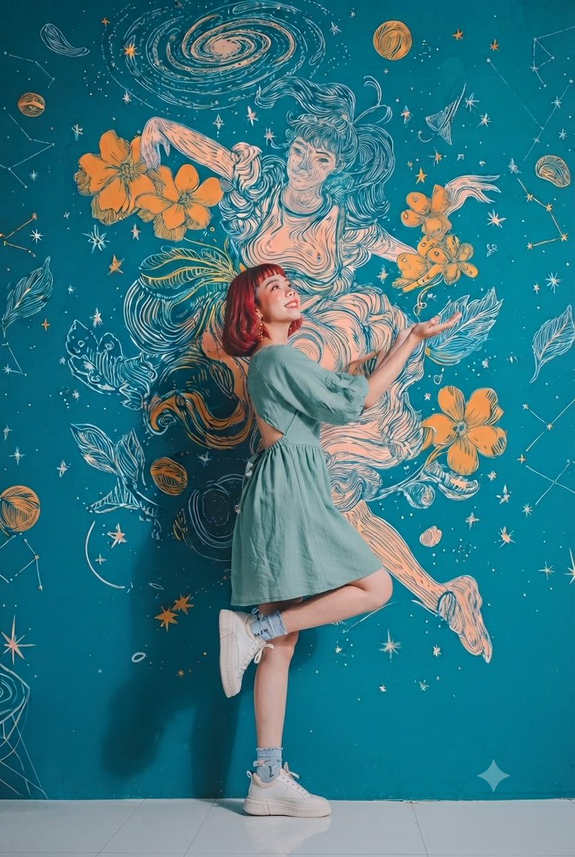 A sequence of studio photographs captures the same young woman with short red hair and...