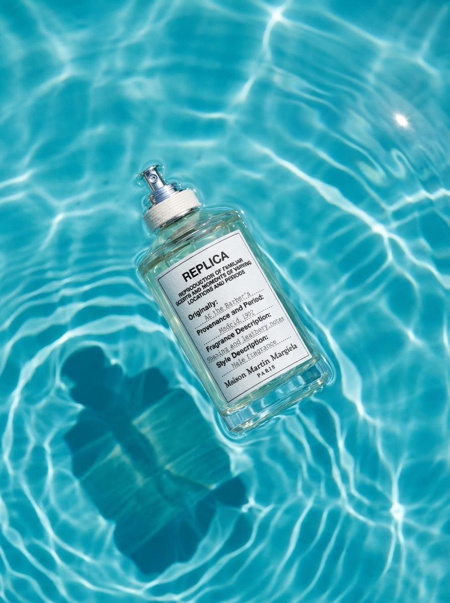 Product photography, [product from uploaded photo] floating on the surface of clear tur...