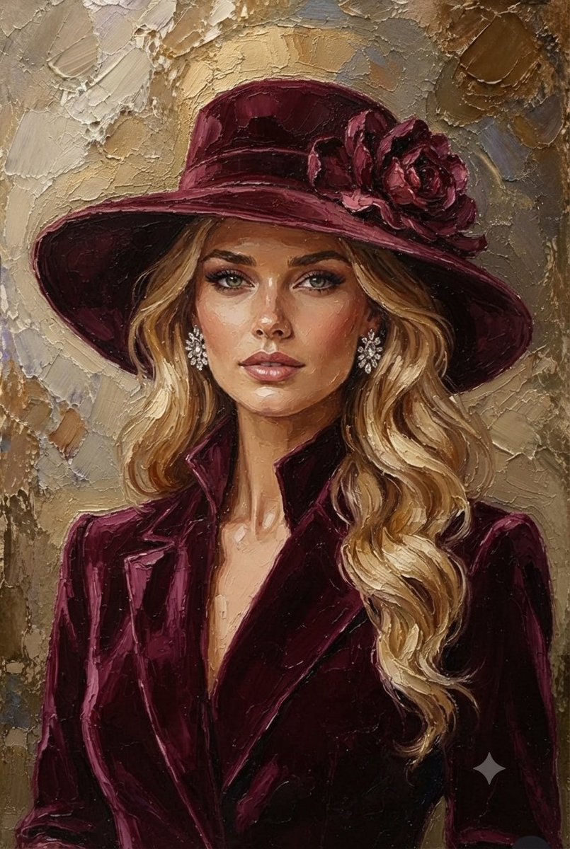 An exquisite impasto oil painting portrait of an elegant blonde woman looking directly...