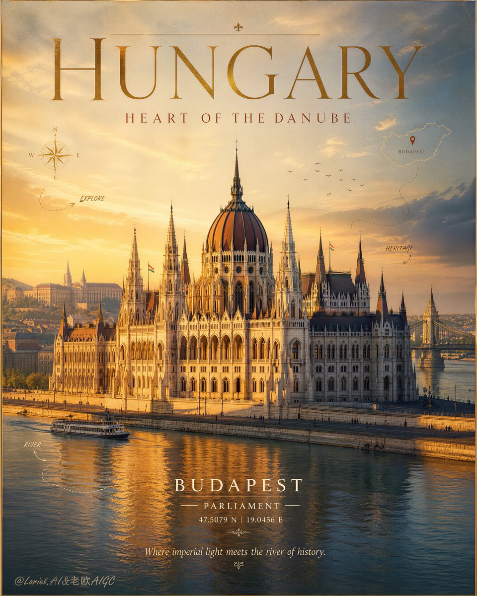 Create an ultra-premium illustrated-realism travel poster for Hungary, merging extreme...