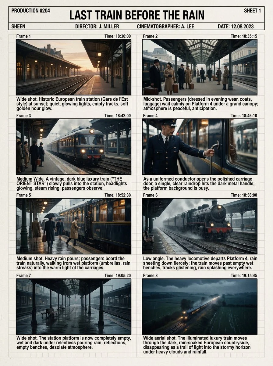 Create a premium Hollywood production storyboard sheet wi...