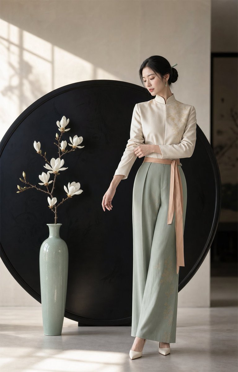 生成一张独立的 4:5 竖版新中式女性 fashion editorial 摄影海报。人物为明确成年的 20–30 岁虚构东亚女性，成熟、克制、自信，古典自然脸型与真实皮肤，...